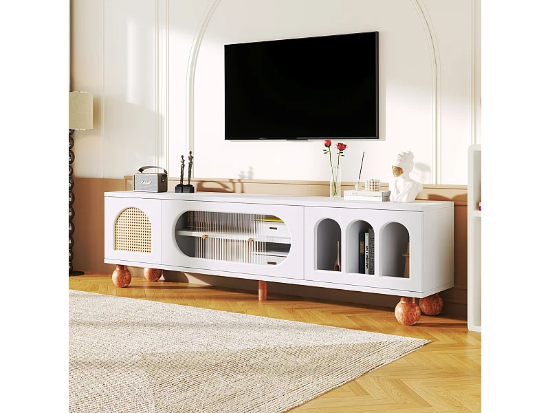 Meuble TV Elégant, Portes Coulissantes en Verre, Zones Voûtées Ouvertes, Pieds Bois Massif, Blanc