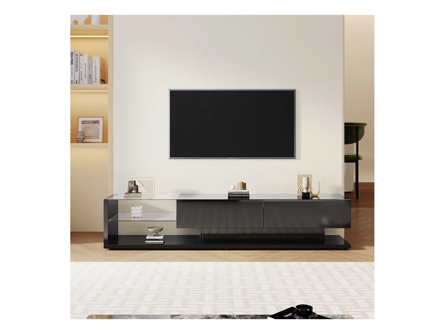 Meuble TV avec Cloisons en Verre et  LED Variable , avec 2 Tiroirs et étagère Ouverte , noir