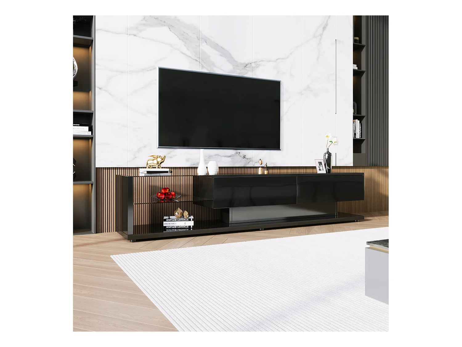 Meuble TV avec Cloisons en Verre et  LED Variable , avec 2 Tiroirs et étagère Ouverte , noir