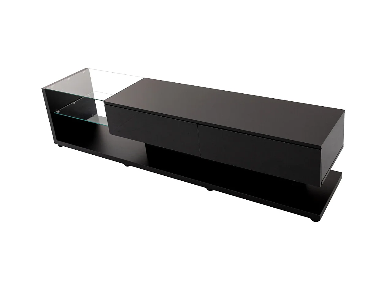 Meuble TV avec Cloisons en Verre et  LED Variable , avec 2 Tiroirs et étagère Ouverte , noir