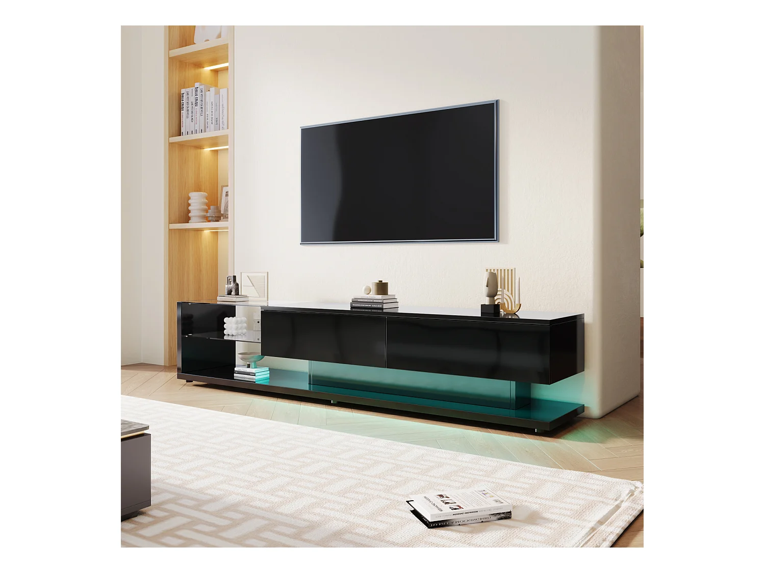 Mueble de TV con divisiones de cristal y LED variable, con 2 cajones y estante abierto, color negro
