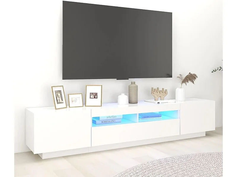 Mueble de TV blanco 260x35x40 cm, 3 niveles, 3 compartimentos, 2 puertas, iluminación LED regulable