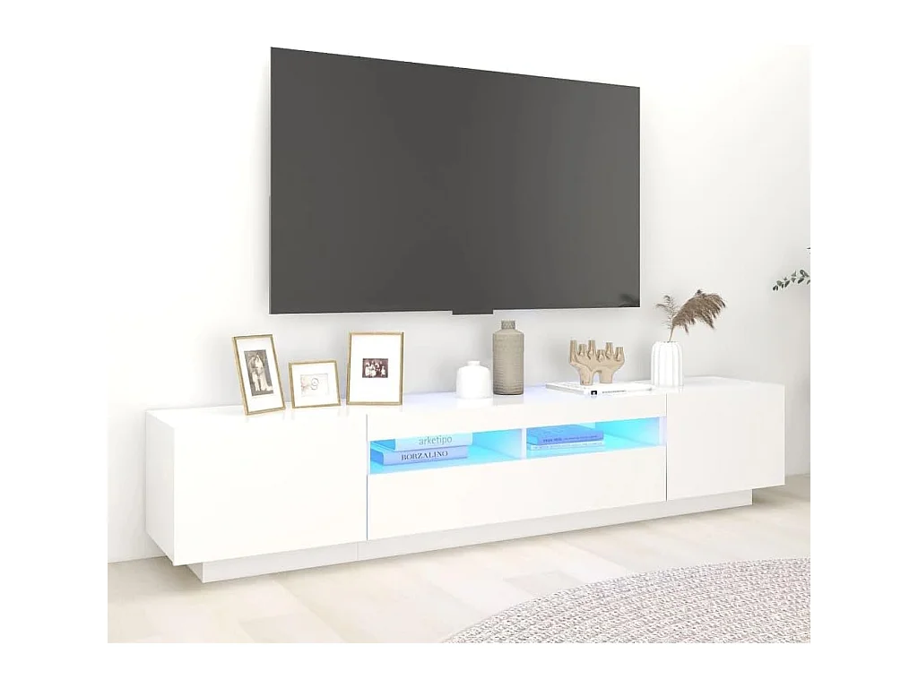 Meuble TV Blanc 260x35x40 cm , 3 niveaux , 3 compartiments , 2 portes , éclairage LED Réglable