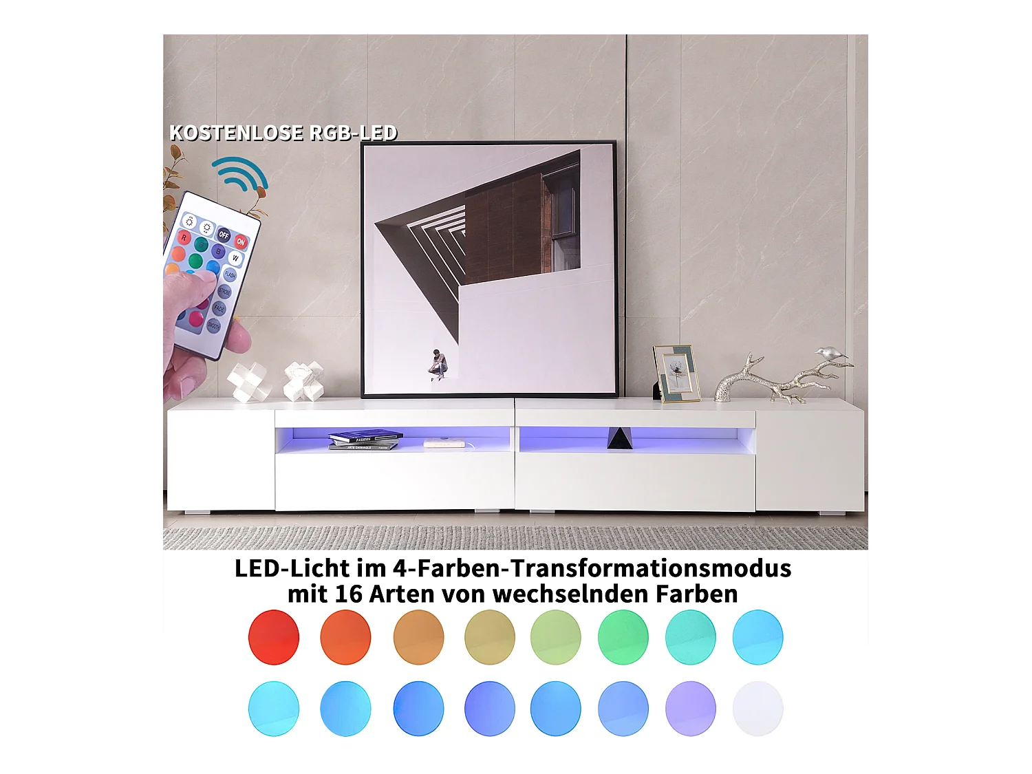 Meuble TV Blanc 260x35x40 cm , 3 niveaux , 3 compartiments , 2 portes , éclairage LED Réglable