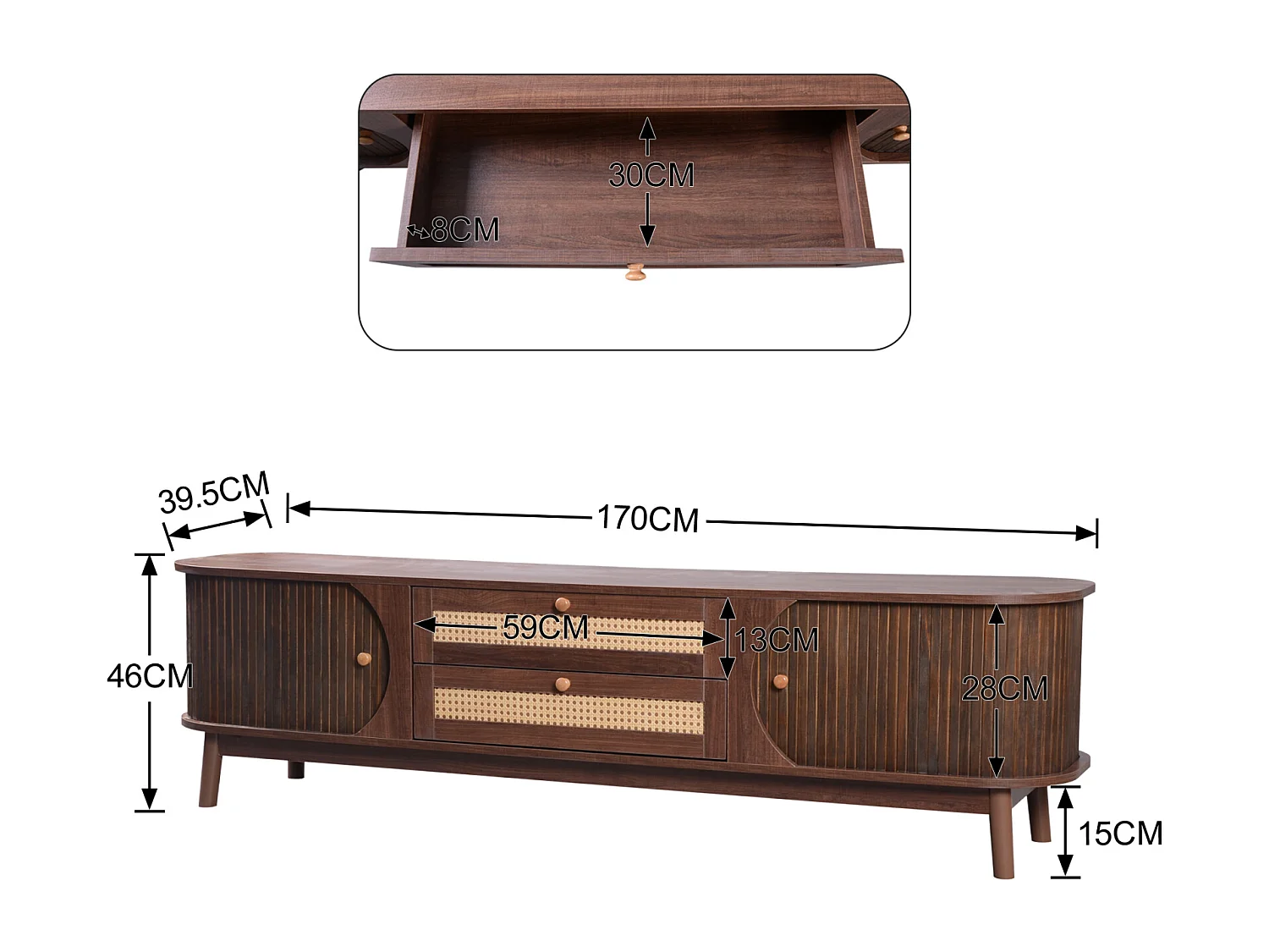 Meuble TV Bois Massif avec 2 Portes et 2 tiroirs, 170 x 39,5 x46 cm, Meuble TV avec côtés en rotin