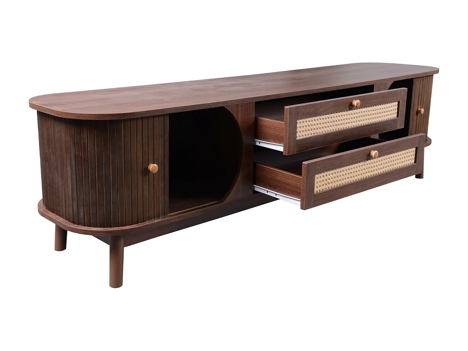 Meuble TV Bois Massif avec 2 Portes et 2 tiroirs, 170 x 39,5 x46 cm, Meuble TV avec côtés en rotin