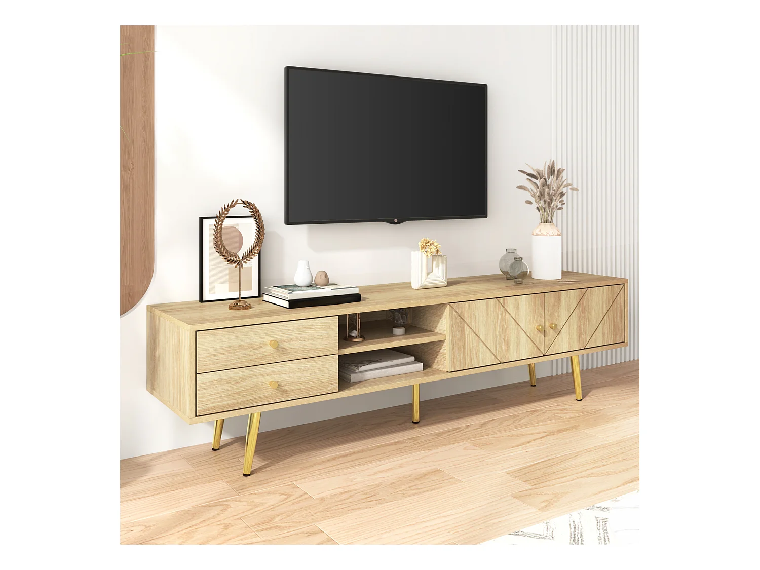 Móvel de TV 160 cm com pés dourados - Móvel de TV moderno com 2 gavetas e 2 portas - Cor madeira