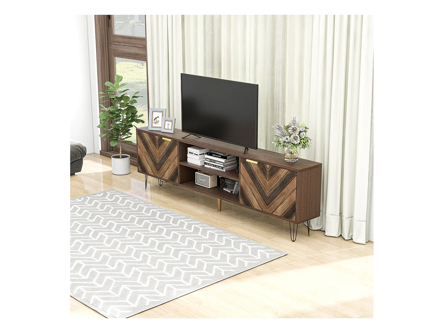 Mueble de TV de madera y negro con tiradores dorados y patas de hierro, mueble de TV con 2 puertas y compartimentos
