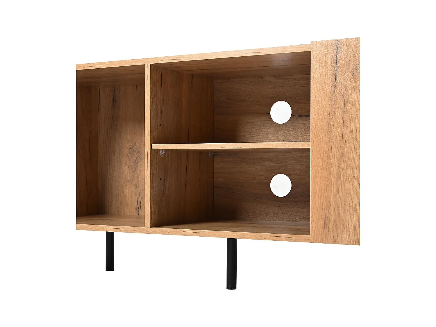 Meuble TV de 160 cm noir et bois, Style moderne avec trois portes et deux compartiments ouverts