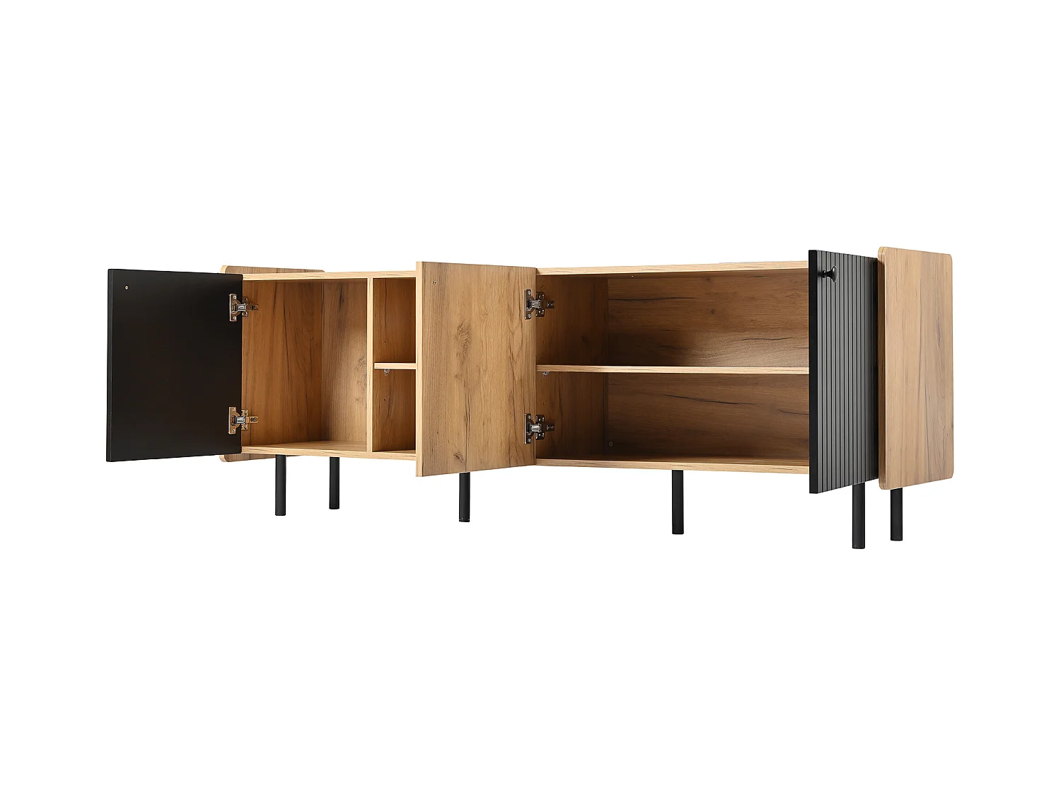 Meuble TV de 160 cm noir et bois, Style moderne avec trois portes et deux compartiments ouverts