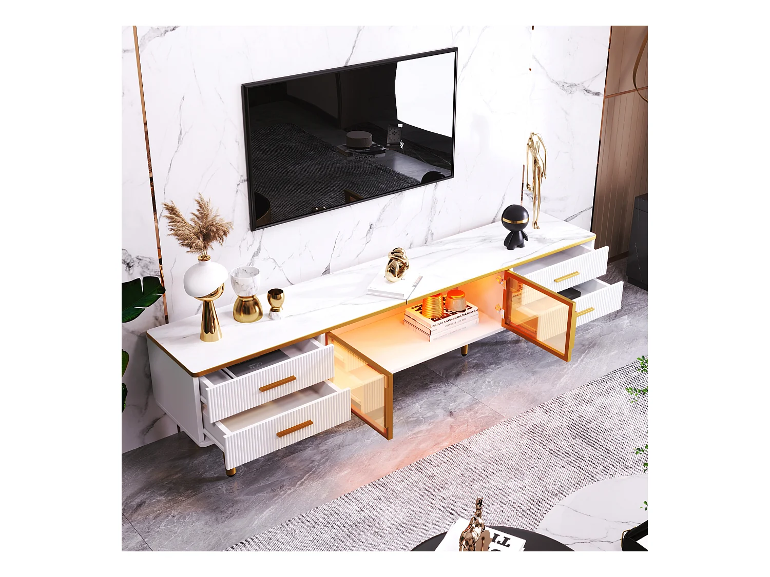 Meuble TV Blanc Meuble télé avec LED , Commode avec 4 tiroirs et 2 Portes en Verre trempé