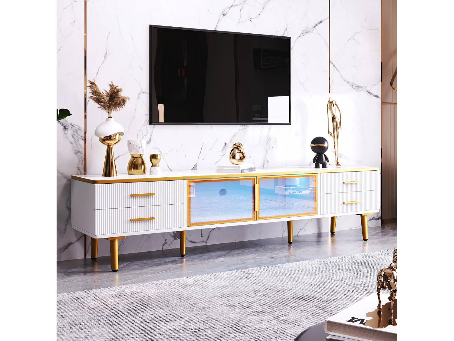 Móvel TV Branco Móvel TV com LED, Cômoda com 4 Gavetas e 2 Portas de Vidro Temperado