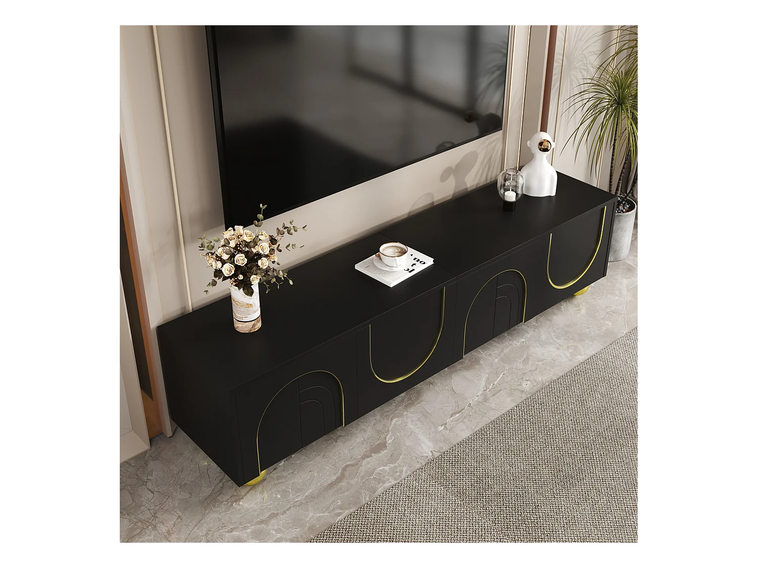 Meuble TV Moderne Noir avec Rangement, Meubles Bas avec 4 Portes et Pieds Ronds dorés, Noir+Gold