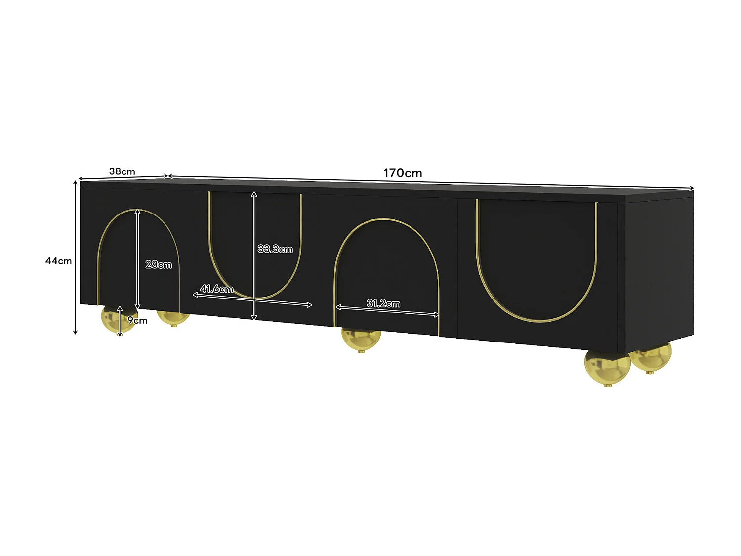 Meuble TV Moderne Noir avec Rangement, Meubles Bas avec 4 Portes et Pieds Ronds dorés, Noir+Gold