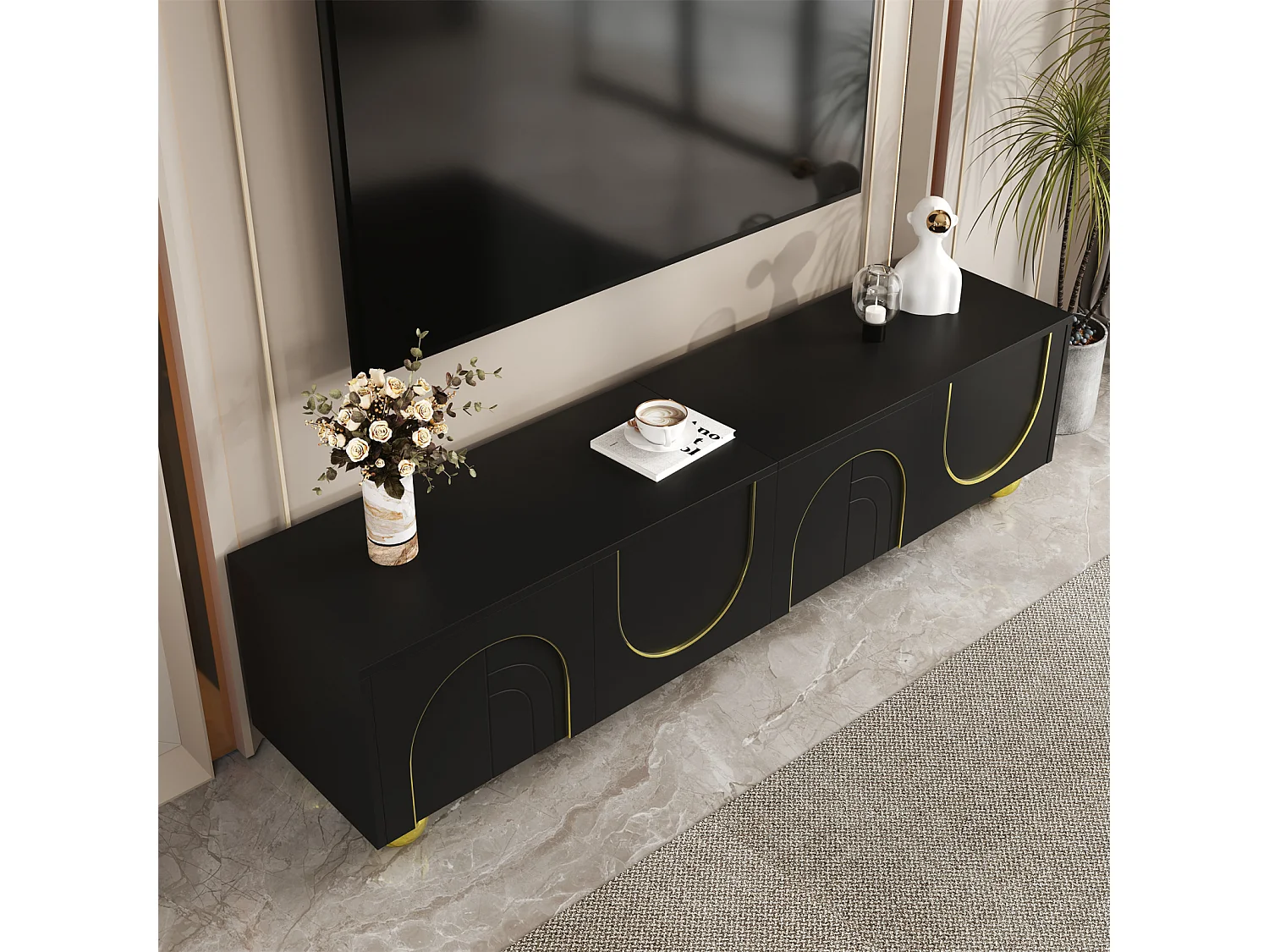 Meuble TV Moderne Noir avec Rangement, Meubles Bas avec 4 Portes et Pieds Ronds dorés, Noir+Gold