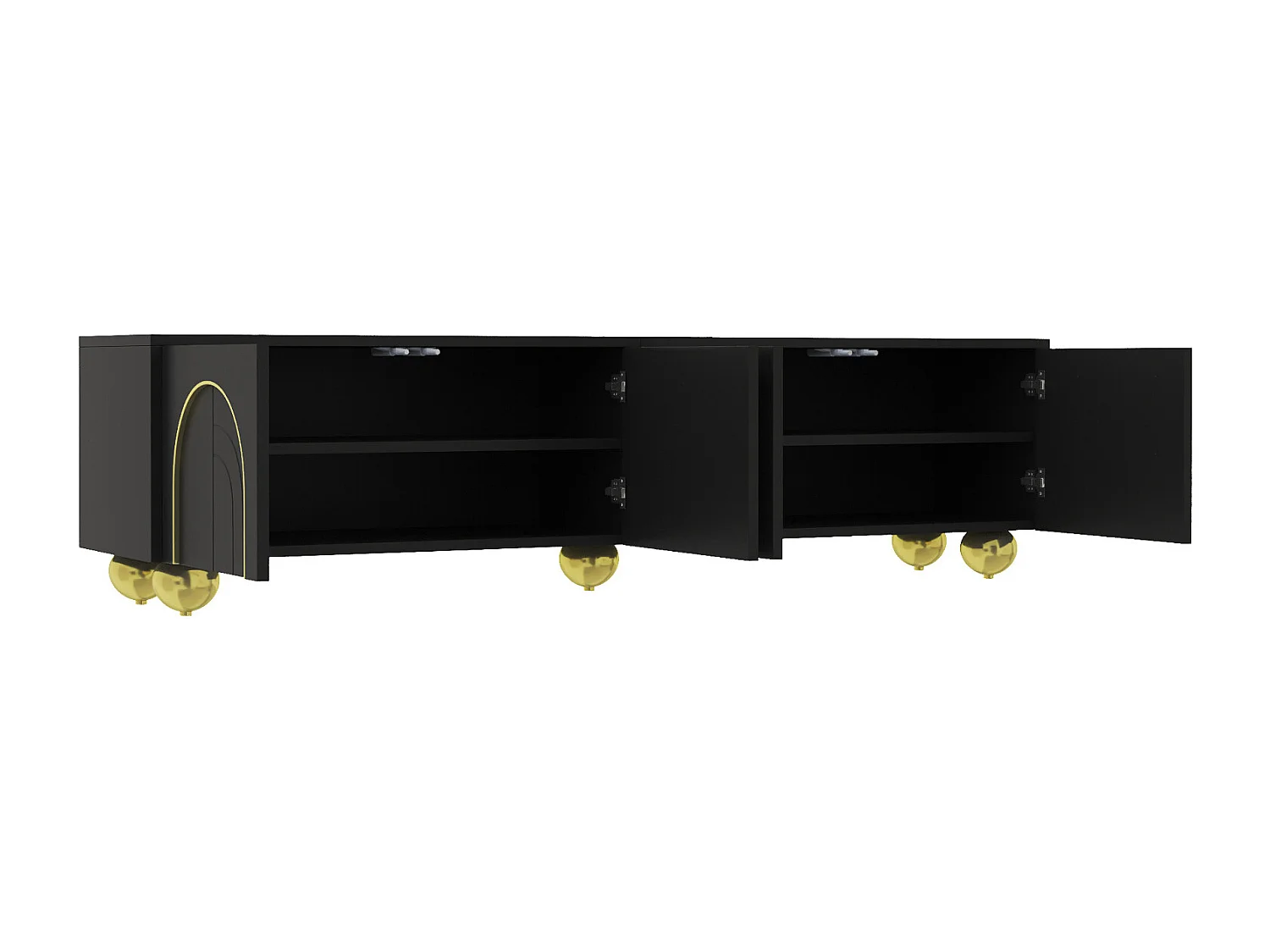 Meuble TV Moderne Noir avec Rangement, Meubles Bas avec 4 Portes et Pieds Ronds dorés, Noir+Gold