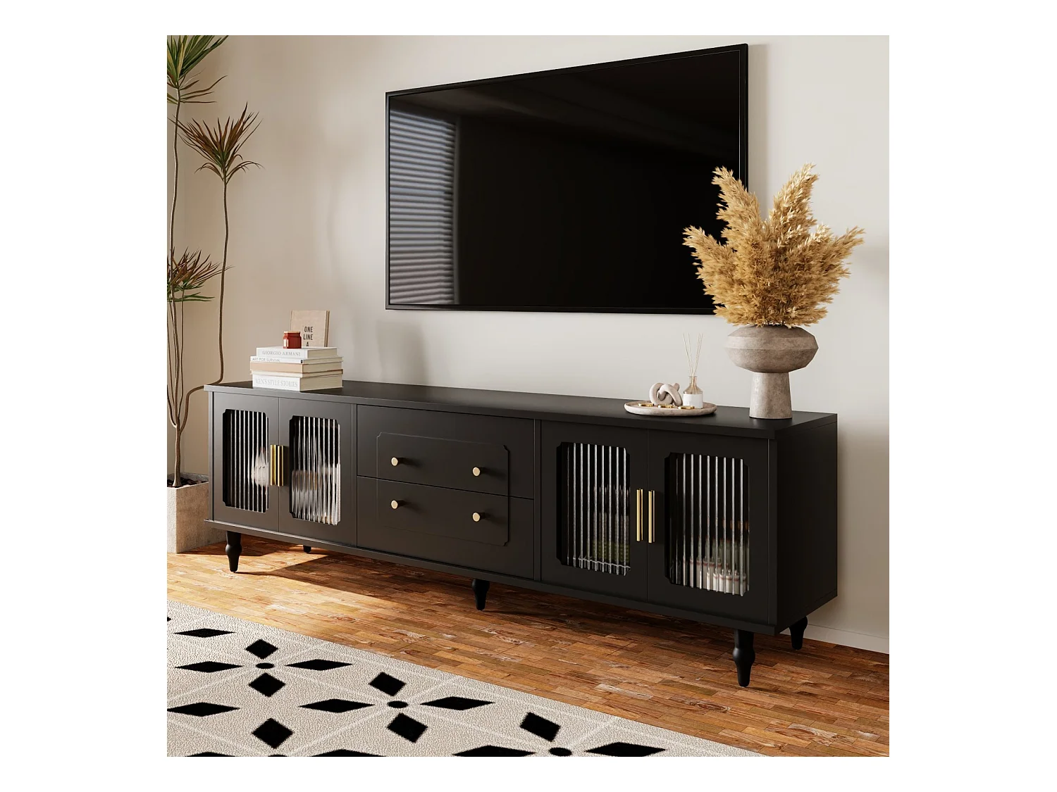 Mueble de TV bajo estilo retro con 6 compartimentos de almacenaje, patas de madera maciza, color negro
