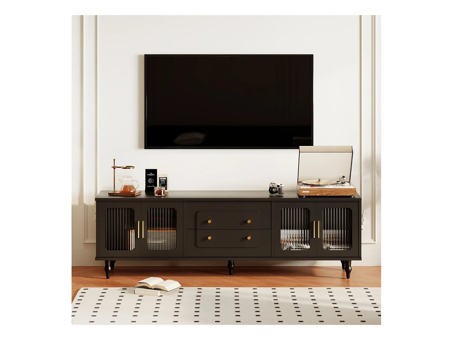 Mueble de TV bajo estilo retro con 6 compartimentos de almacenaje, patas de madera maciza, color negro