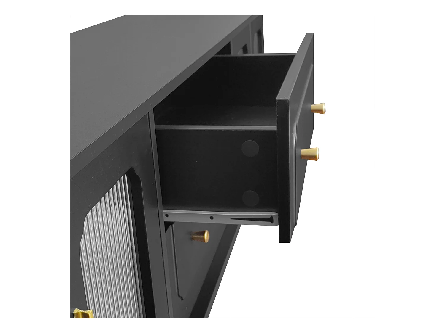 Mueble de TV bajo estilo retro con 6 compartimentos de almacenaje, patas de madera maciza, color negro