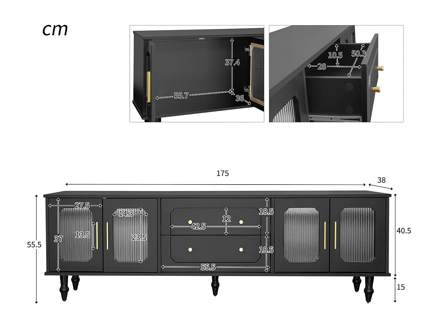 Móvel de TV baixo estilo retro com 6 compartimentos de armazenamento, pés de madeira maciça, preto