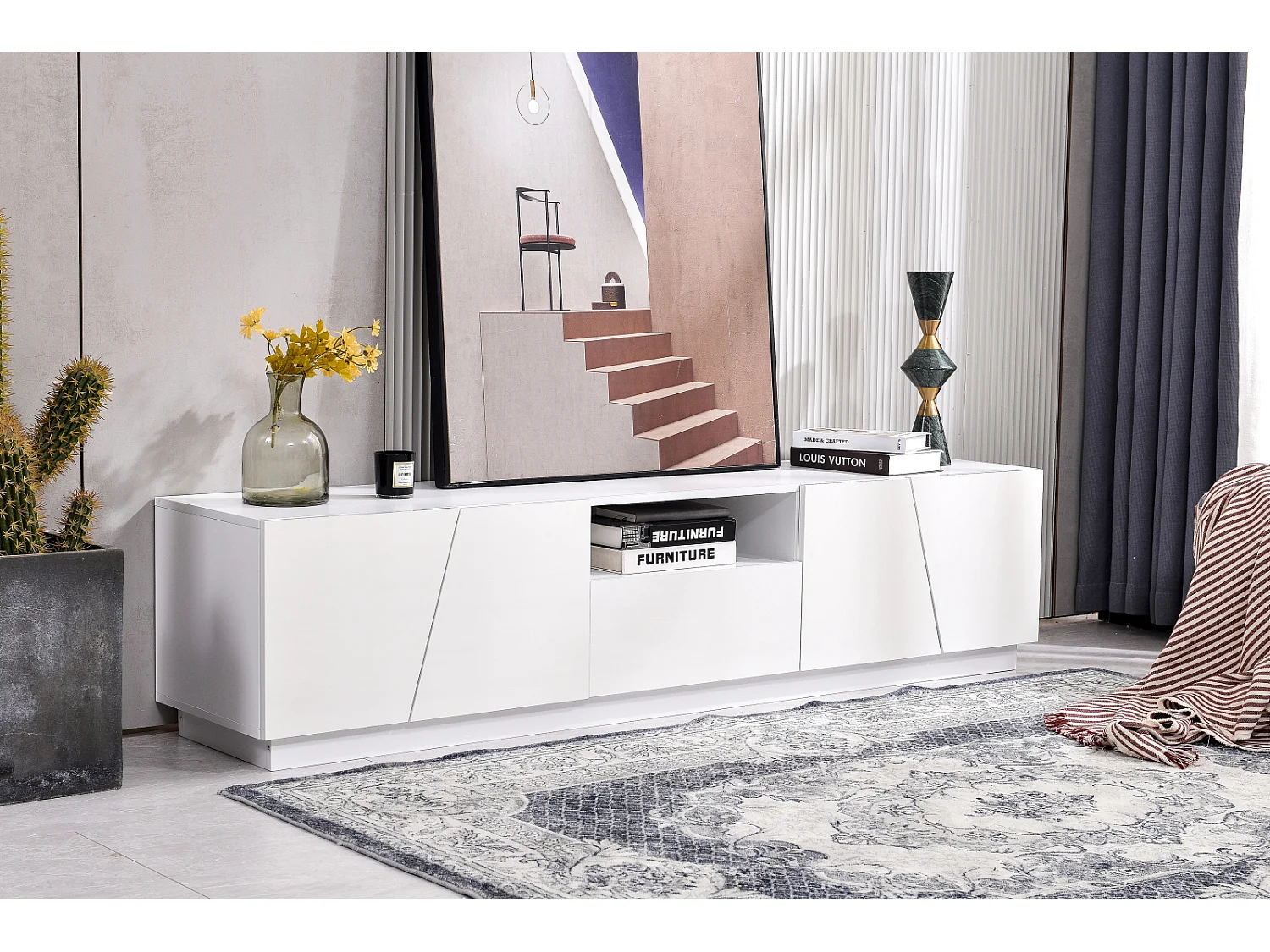 Meuble TV moderne blanc brillant pour salon, style patchwork biseauté, 170 x 42 x 37 cm