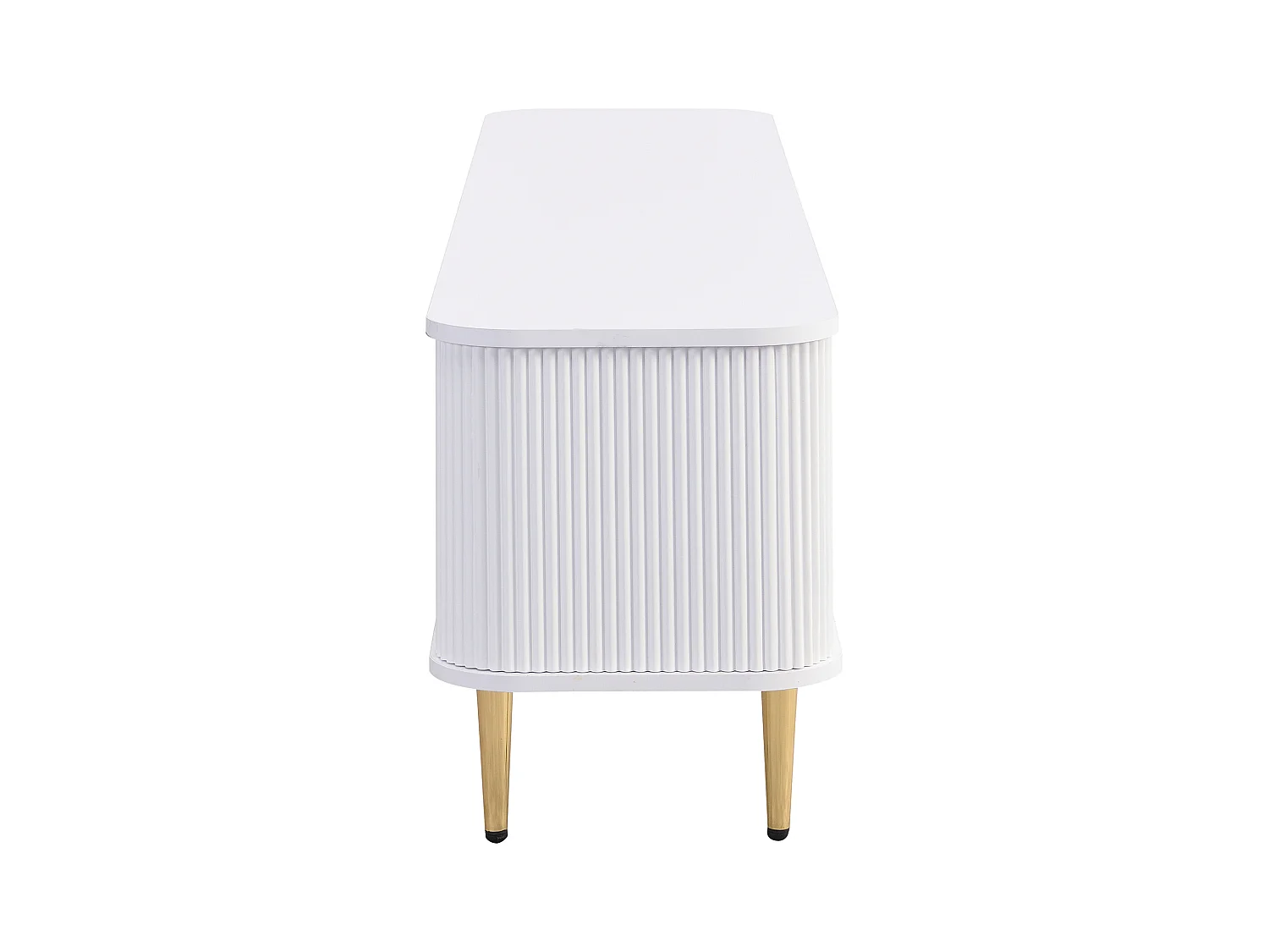 Mueble de TV bajo moderno con cajones y laterales ondulados, bordes curvos, tiradores y patas doradas