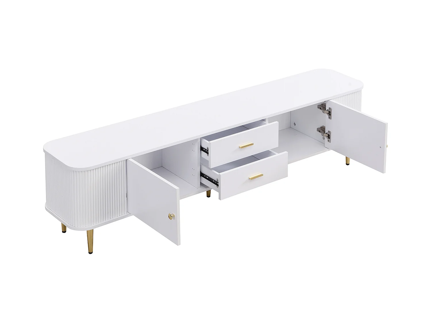 Mueble de TV bajo moderno con cajones y laterales ondulados, bordes curvos, tiradores y patas doradas