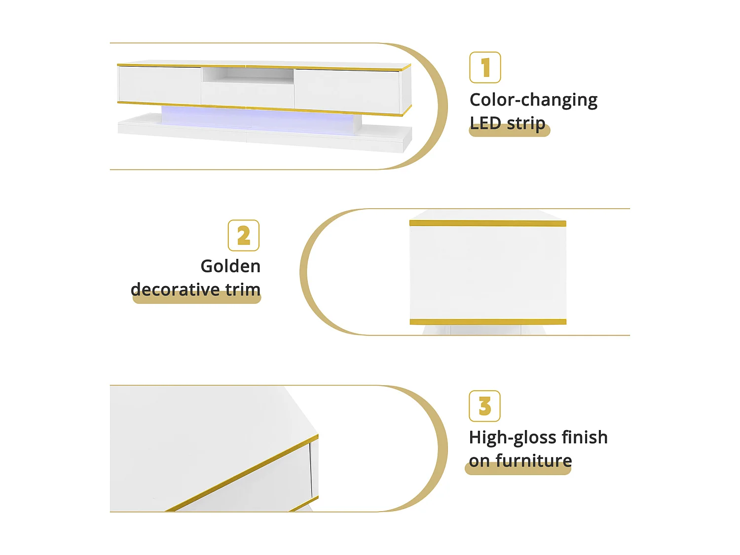 Meuble TV de 180 cm avec éclairage LED , brillant avec 3 tiroirs et compartiment ouvert , blanc