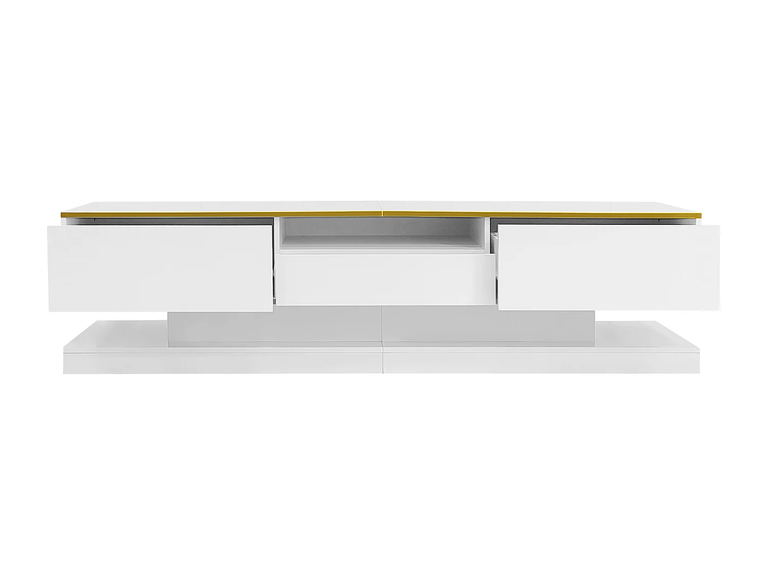 Meuble TV de 180 cm avec éclairage LED , brillant avec 3 tiroirs et compartiment ouvert , blanc