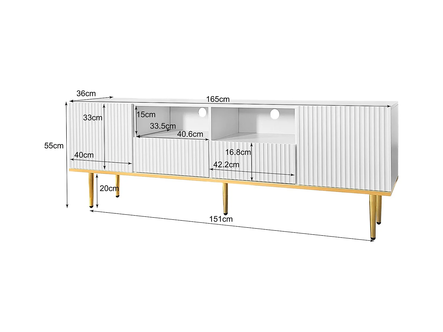 Mueble de TV 165x36x55cm con almacenaje, 2 puertas y 2 cajones, mueble de TV bajo, patas doradas, blanco