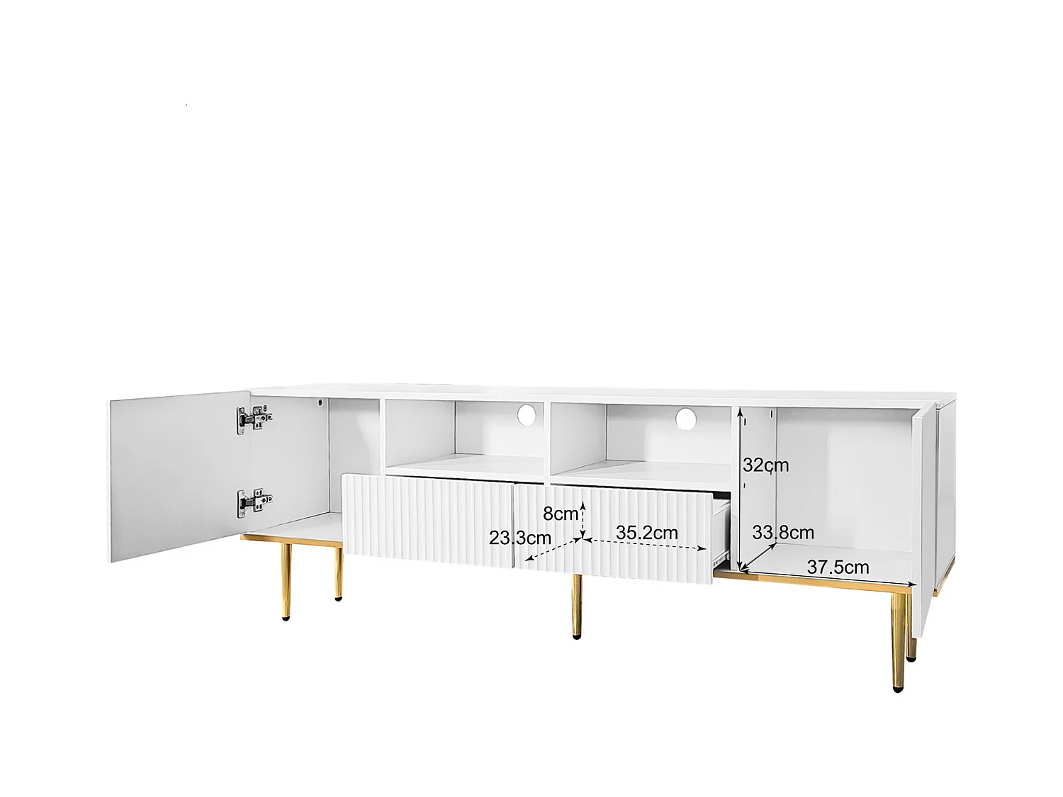 Mueble de TV 165x36x55cm con almacenaje, 2 puertas y 2 cajones, mueble de TV bajo, patas doradas, blanco