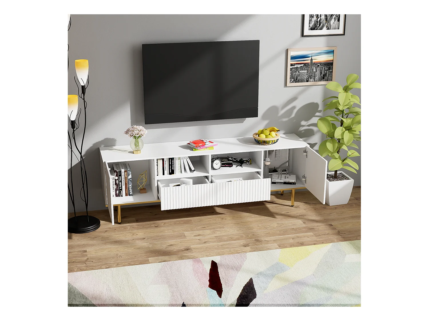 Mueble de TV 165x36x55cm con almacenaje, 2 puertas y 2 cajones, mueble de TV bajo, patas doradas, blanco