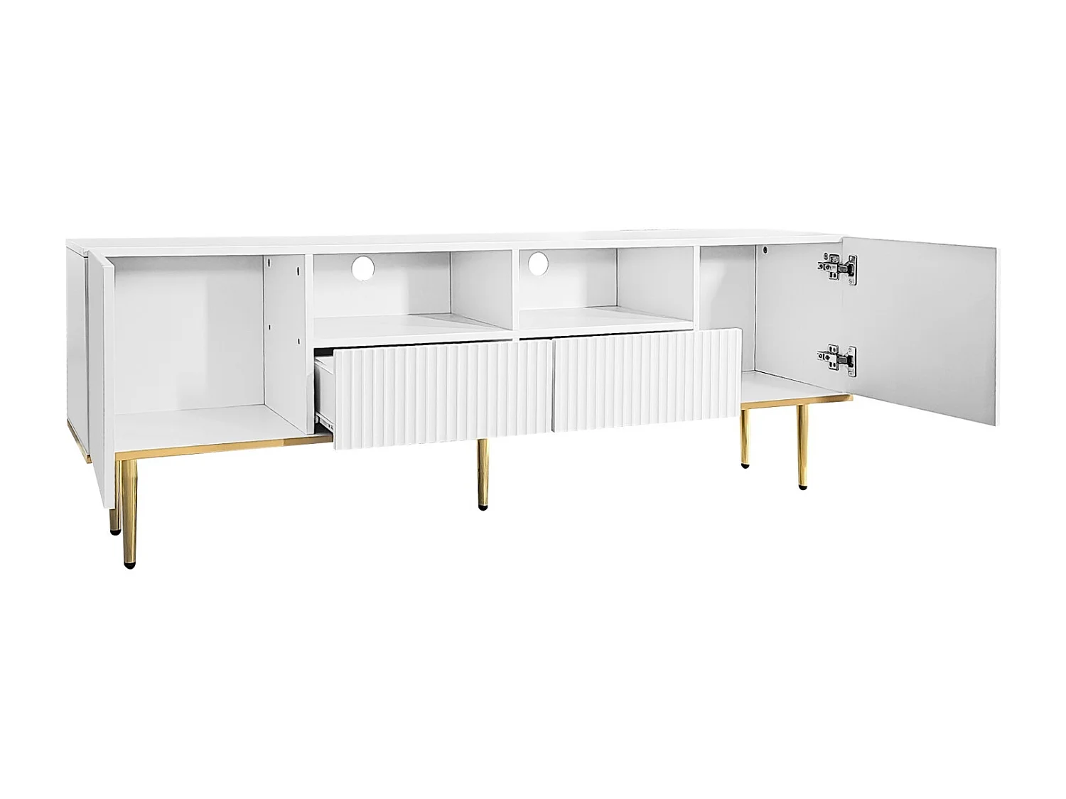 Mueble de TV 165x36x55cm con almacenaje, 2 puertas y 2 cajones, mueble de TV bajo, patas doradas, blanco