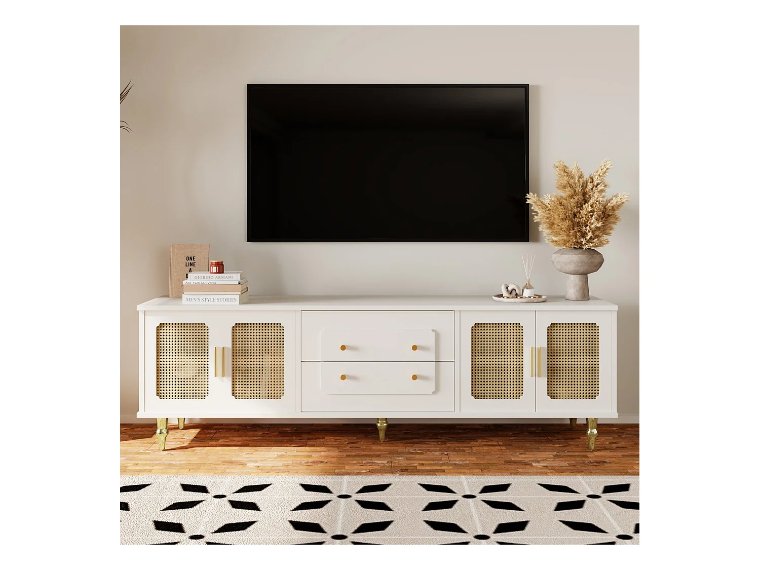 Mueble de TV bajo estilo retro con 6 compartimentos de almacenaje, tiradores dorados, puerta de ratán