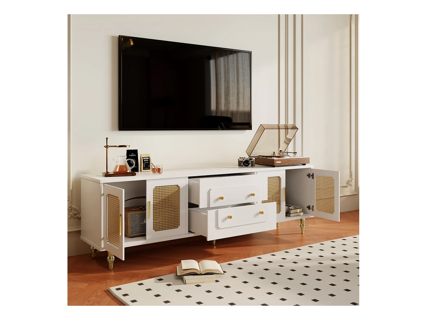 Mueble de TV bajo estilo retro con 6 compartimentos de almacenaje, tiradores dorados, puerta de ratán