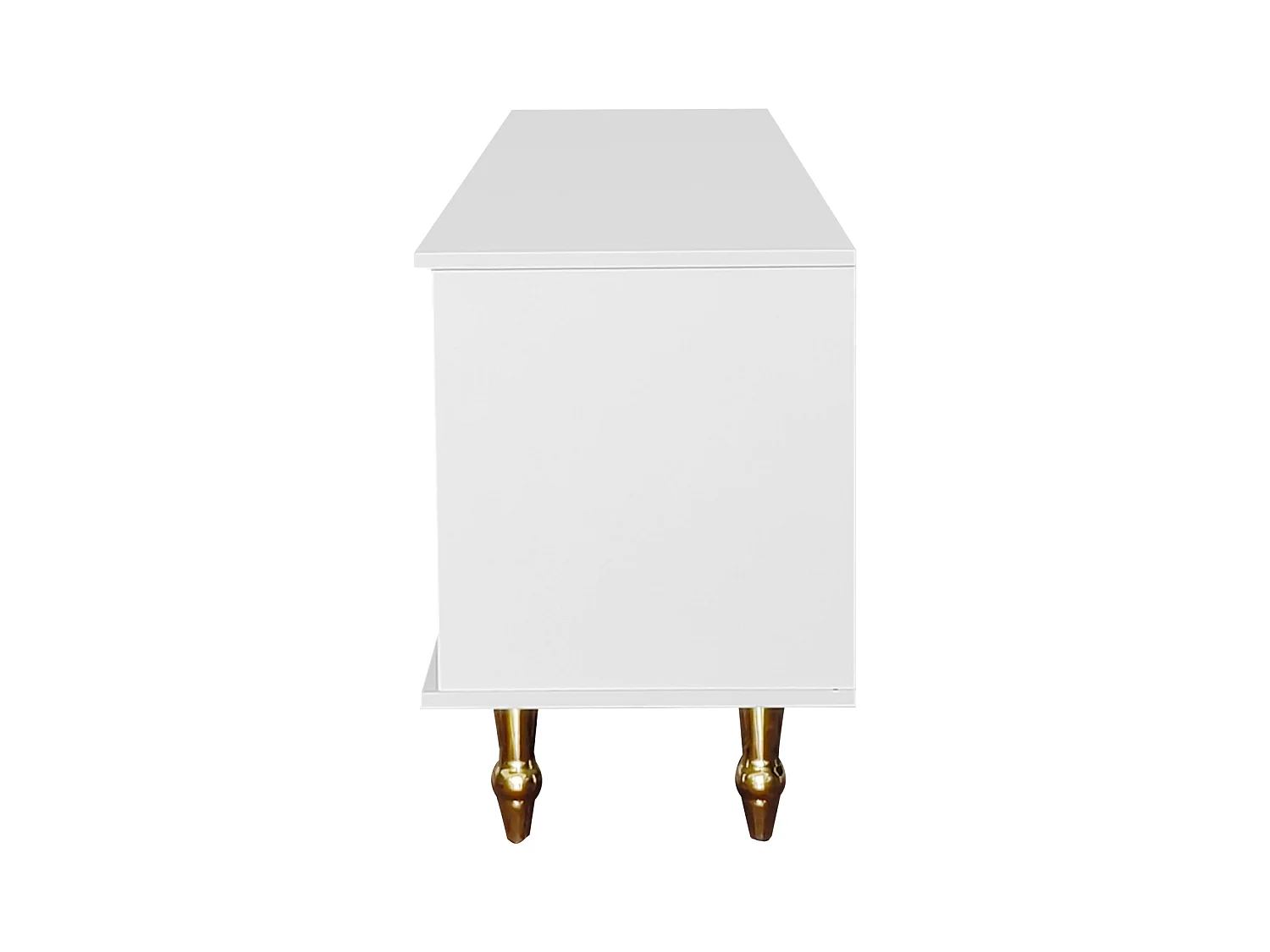 Mueble de TV bajo estilo retro con 6 compartimentos de almacenaje, tiradores dorados, puerta de ratán