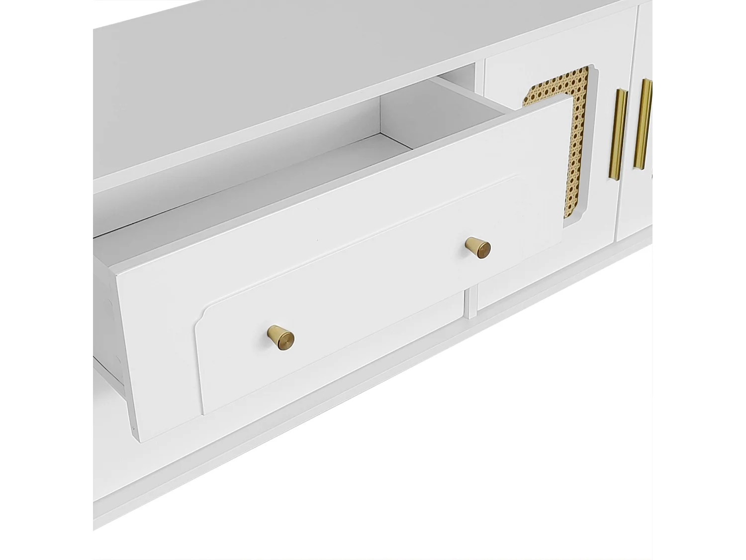 Móvel de TV baixo estilo retro com 6 compartimentos de armazenamento, puxadores dourados, porta de vime