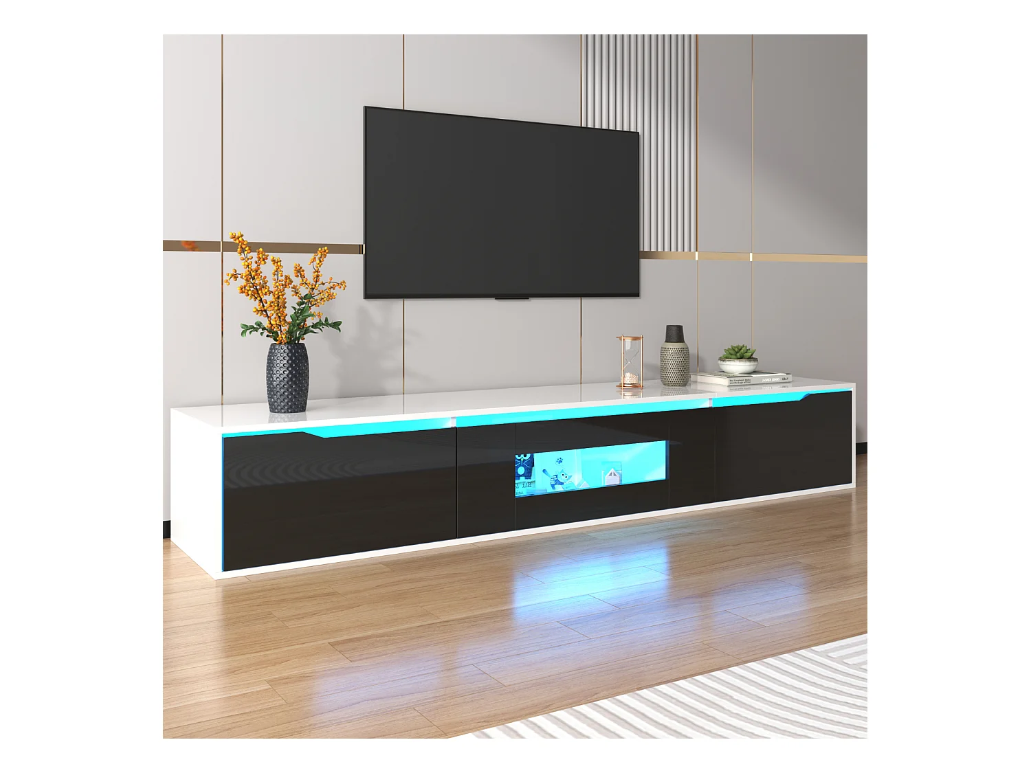 Meuble TV Moderne avec éclairage LED et 3 Portes, Armoire Mural avec Espace de Rangement, Noir