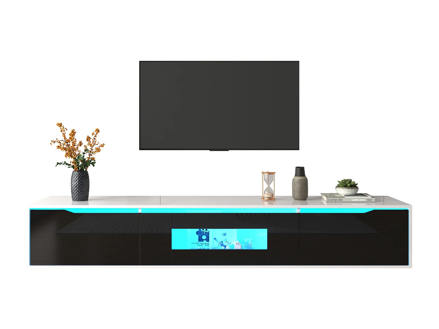 Meuble TV Moderne avec éclairage LED et 3 Portes, Armoire Mural avec Espace de Rangement, Noir