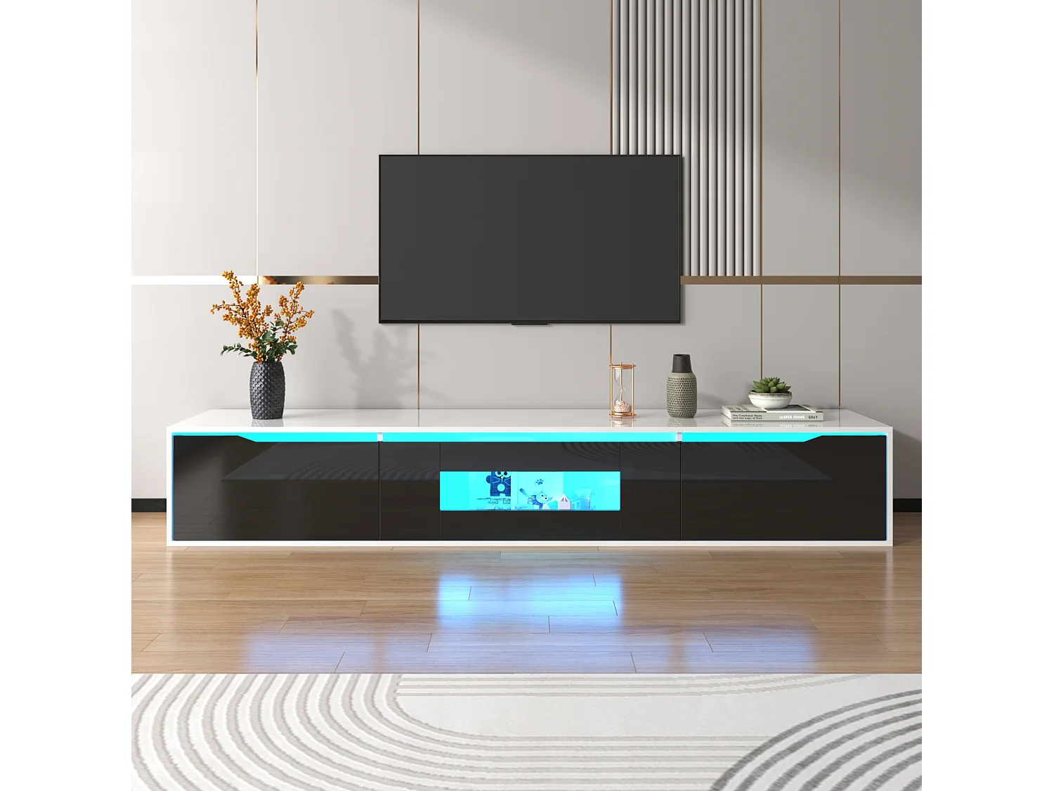 Meuble TV Moderne avec éclairage LED et 3 Portes, Armoire Mural avec Espace de Rangement, Noir