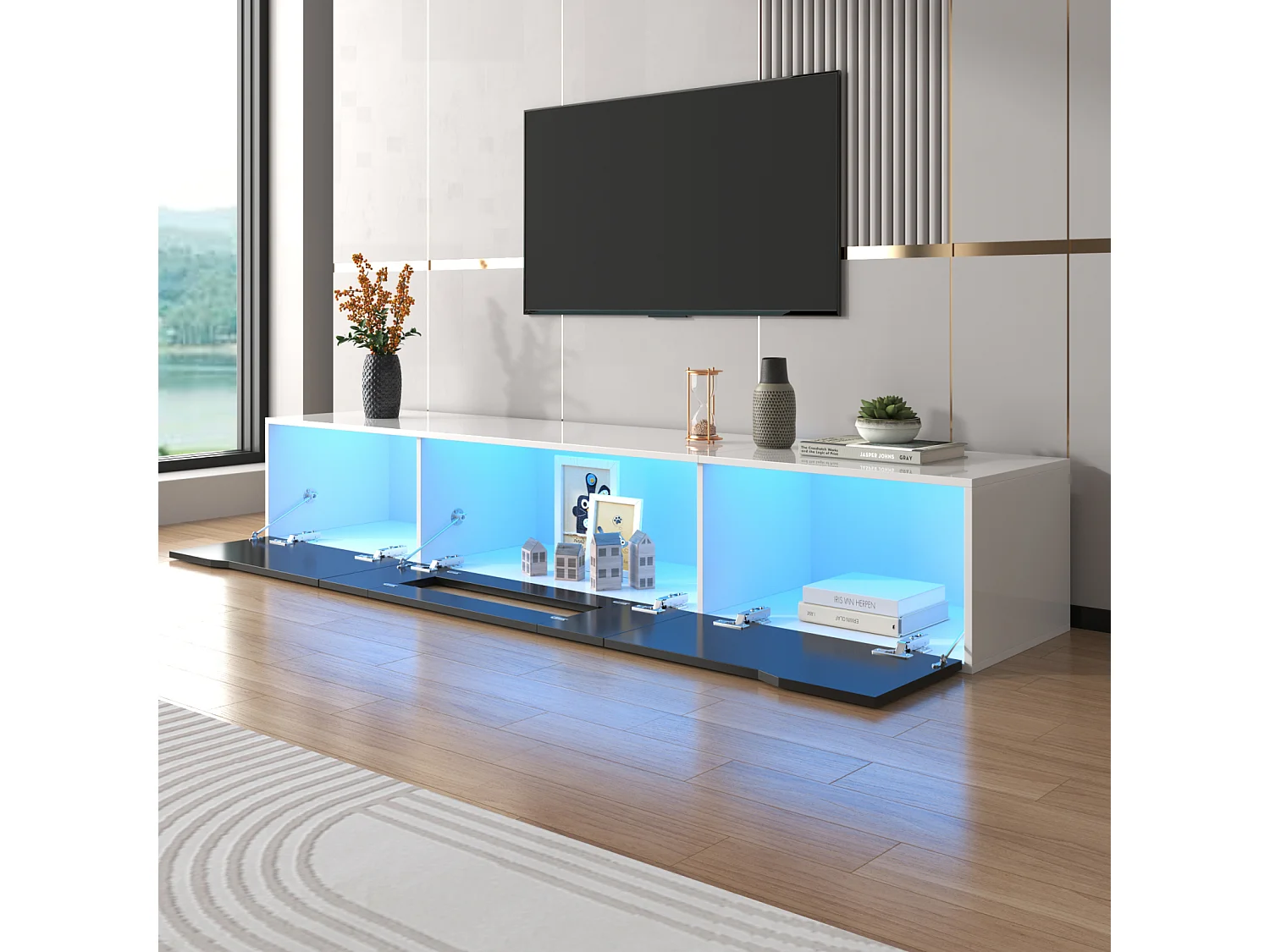 Meuble TV Moderne avec éclairage LED et 3 Portes, Armoire Mural avec Espace de Rangement, Noir
