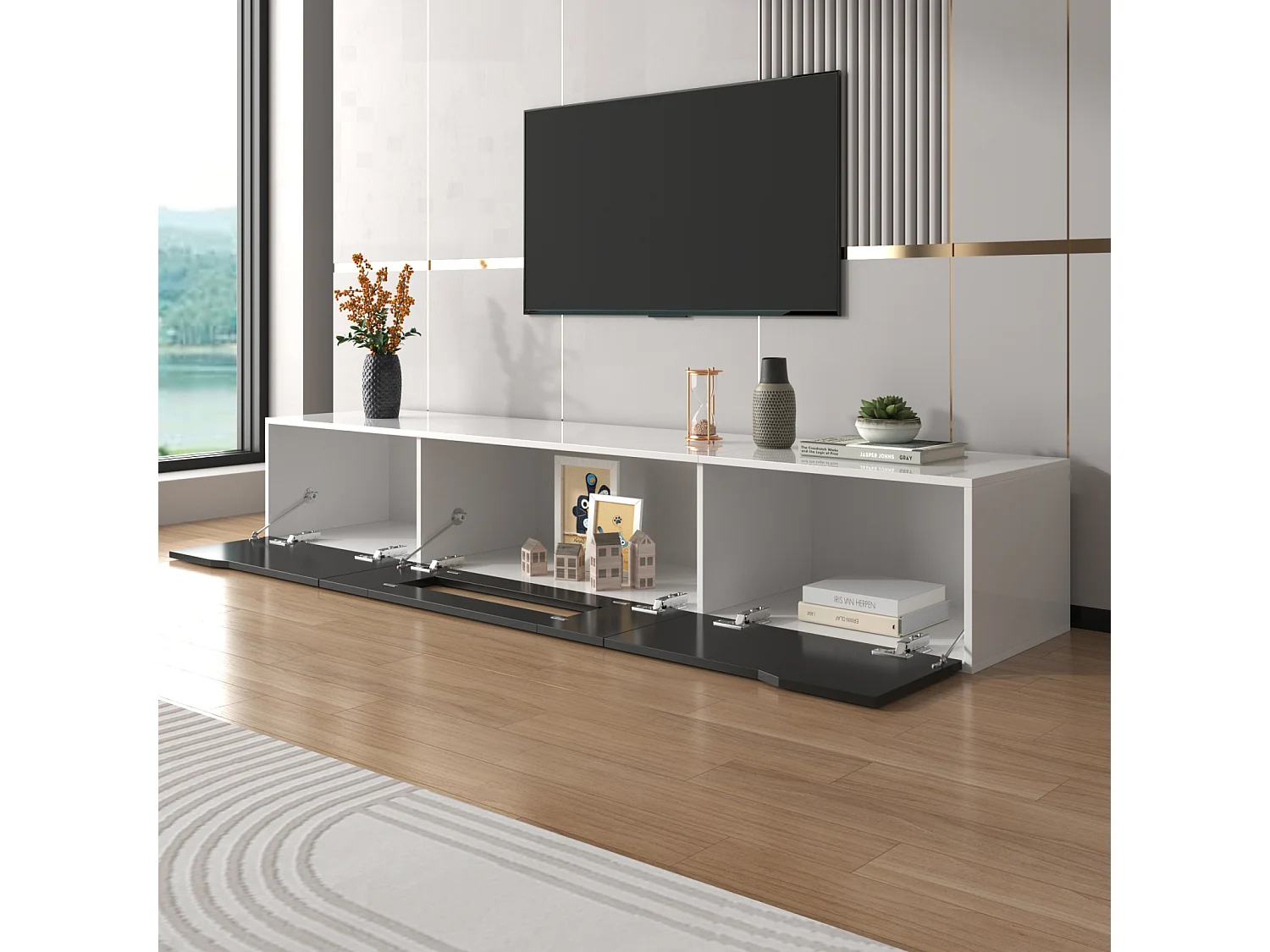 Meuble TV Moderne avec éclairage LED et 3 Portes, Armoire Mural avec Espace de Rangement, Noir