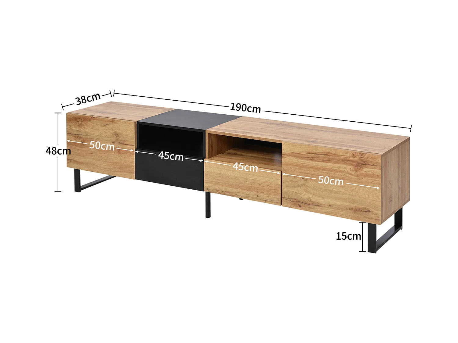 Meuble TV moderne en bois massif avec design noir et bois, meuble TV avec 2 portes et 2 tiroirs