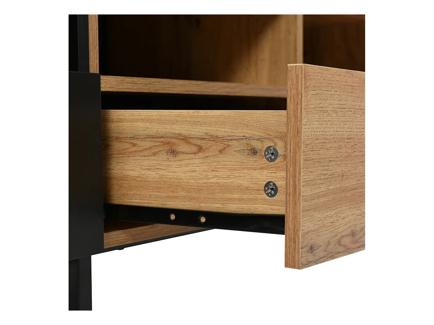 Meuble TV moderne en bois massif avec design noir et bois, meuble TV avec 2 portes et 2 tiroirs