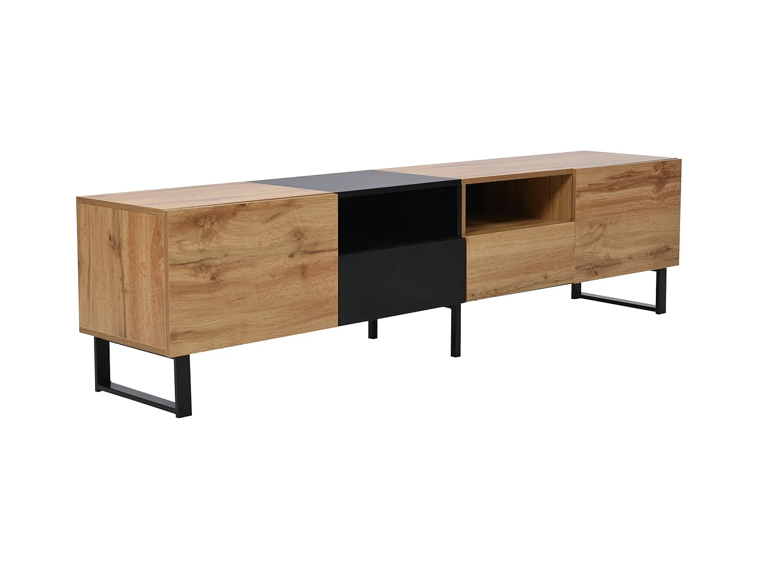 Meuble TV moderne en bois massif avec design noir et bois, meuble TV avec 2 portes et 2 tiroirs