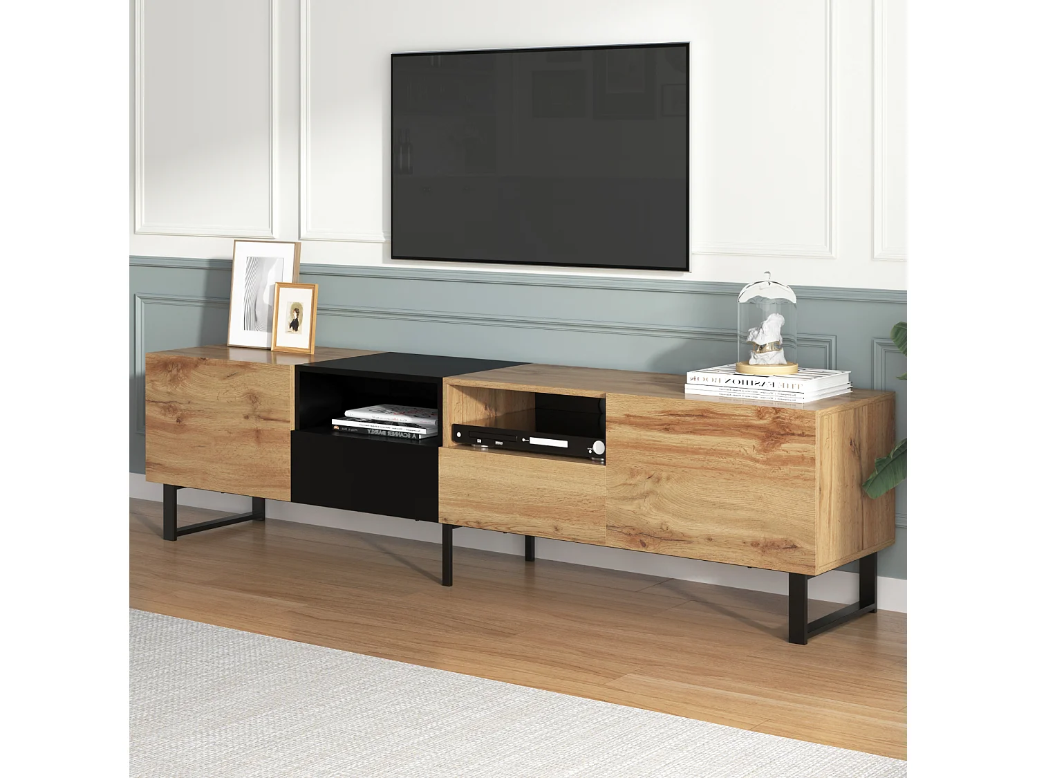 Móvel de TV moderno em madeira maciça com design preto e madeira, móvel de TV com 2 portas e 2 gavetas