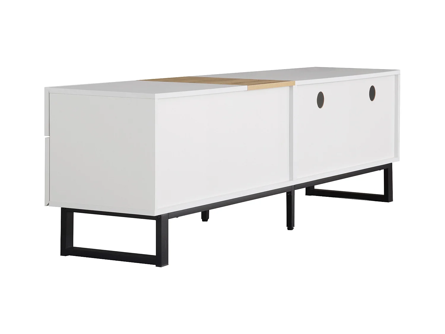 Meuble TV moderne, aspect bois et blanc, pieds en métal noir, 2 tiroirs et portes, 180 x 38 x 50 cm