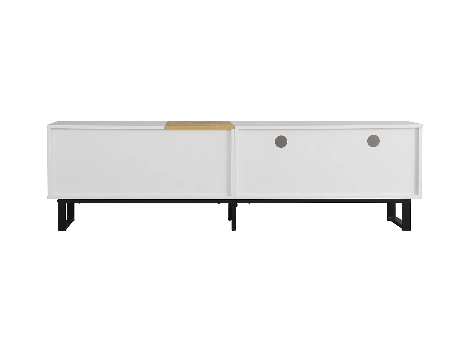 Meuble TV moderne, aspect bois et blanc, pieds en métal noir, 2 tiroirs et portes, 180 x 38 x 50 cm