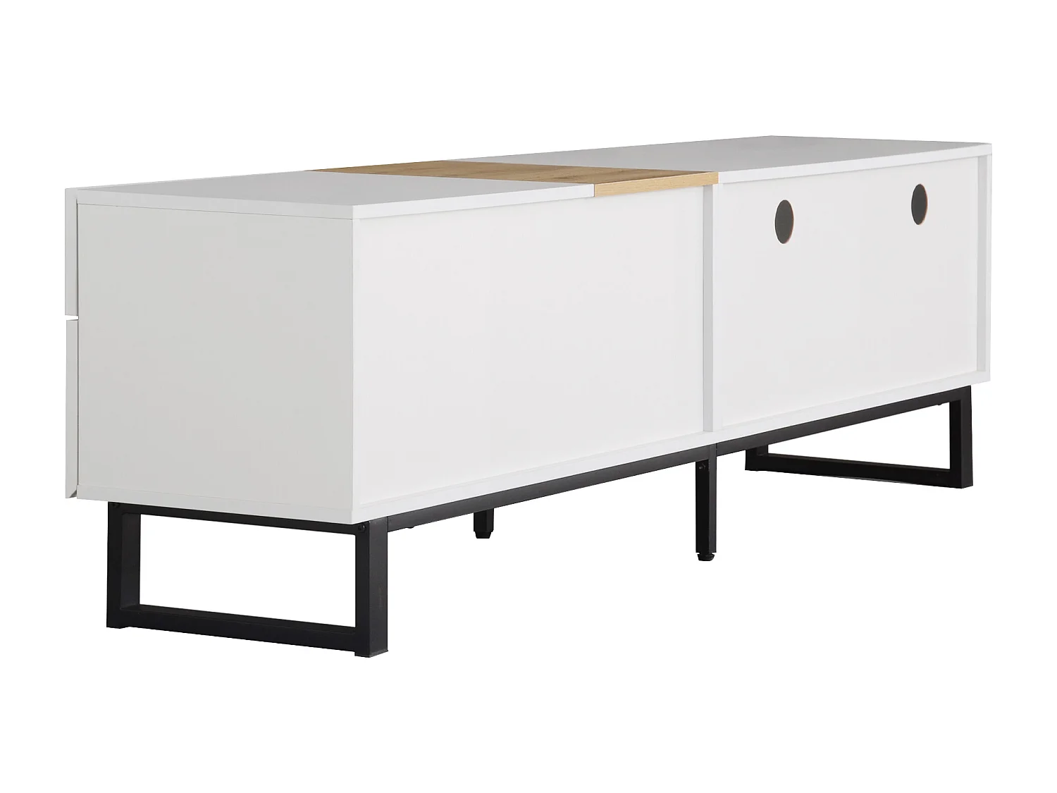 Meuble TV moderne, aspect bois et blanc, pieds en métal noir, 2 tiroirs et portes, 180 x 38 x 50 cm