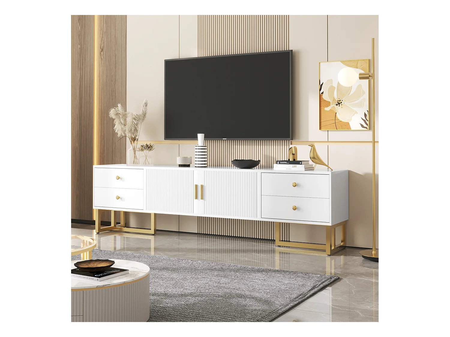 Meuble TV avec Rangement, 2 Portes et 4 Tiroirs, Meuble TV Bas, Pieds et poignées dorés, Blanc